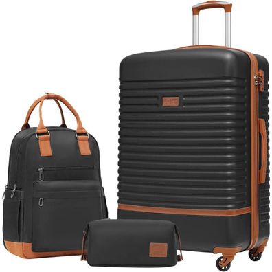 Coolife Koffer Trolley Set ABS Hartschalen 4 Rollen TSA-Schloss Schwarz/Braun