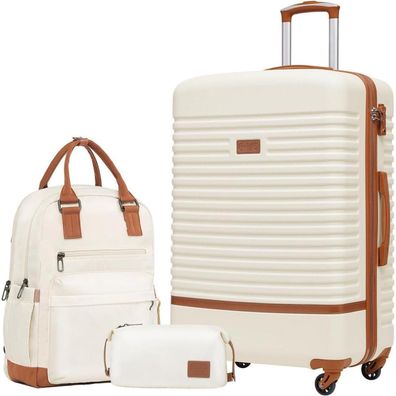 Coolife Koffer Set ABS Hartschalen Trolley 4 Rollen TSA-Schloss Weiß/Braun