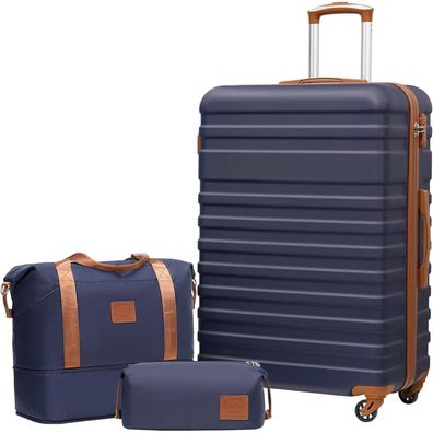 Coolife Koffer Trolley Set ABS Hartschale 4 Rollen TSA-Schloss Blau/Braun