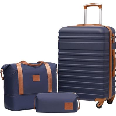 Coolife Koffer Mittelgroß 3tlg ABS Reisekoffer Set Blau Brown TSA Spinner