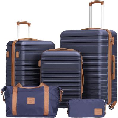 Coolife Koffer Trolley Set ABS Hartschalen 4 Rollen TSA-Schloss Blau/Braun 5tlg
