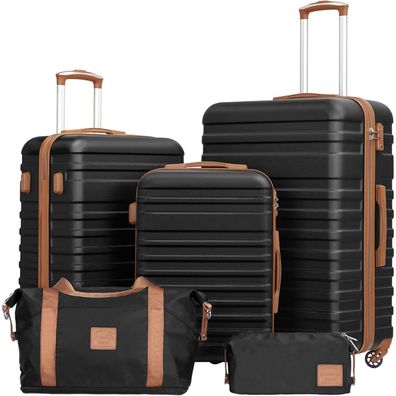 Coolife Koffer-Set 5tlg ABS Hartschalen Trolley Schwarz Braun