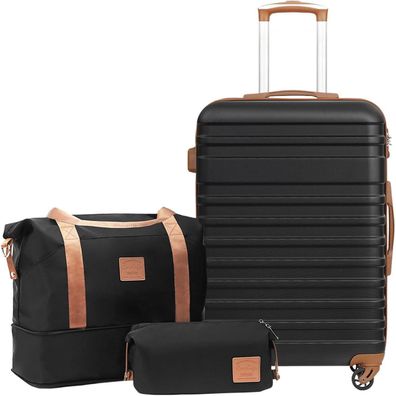 Coolife ABS Hartschalen Trolley Koffer 4 Rollen TSA Schwarz Braun 3tlg Set