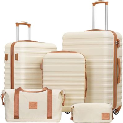 Coolife Koffer Trolley Set ABS Hartschale 4 Rollen TSA Schloss Weiß/Braun 5tlg