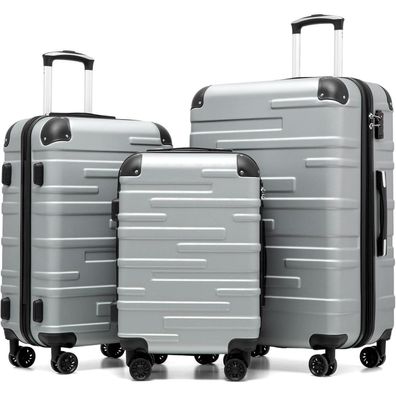 Coolife Hartschalen-Koffer 3er Set ABS TSA-Schloss 4 Rollen Silber
