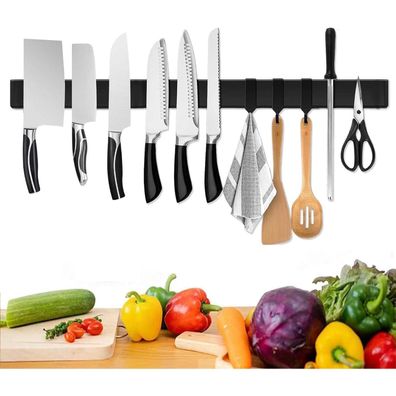 Verbesserte 60cm Magnetleiste Messer Edelstahl Schwarz 3 Haken Wandhalterung