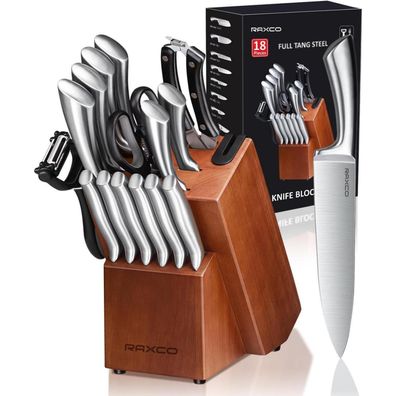 RAXCO 18-teiliger Edelstahl Messerblock mit Steakmessern und Schärfer