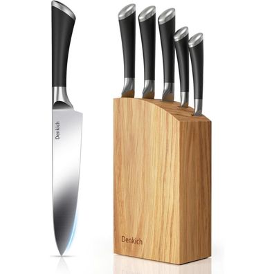 Denkich Messerblock Set 6-tlg. Scharfe Küchenmesser Edelstahl Holzblock