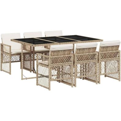 vidaXL Garten Essgruppe 7tlg. Beige Poly Rattan Kissen Gartentisch Stühle
