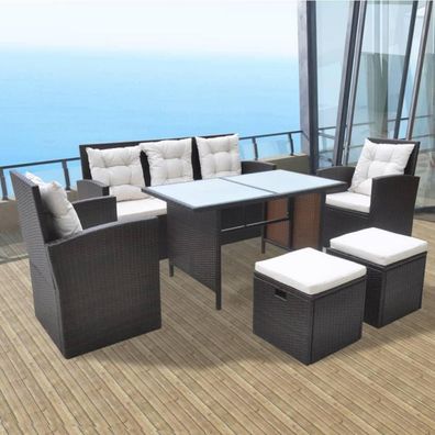 6tlg. Garten Lounge Set Poly Rattan Braun Auflagen 7 Personen