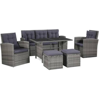 Garten Lounge Set 6 TLG. mit Kissen Poly Rattan Grau bis 7 Personen