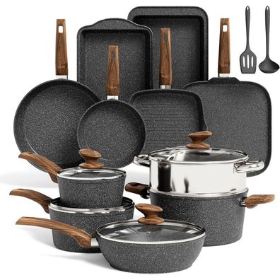 17-teiliges Granit Induktions Töpfe & Pfannen Set Schwarz