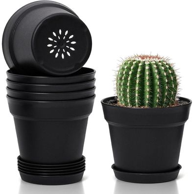 T4U 12,5cm Plastik Blumentopf Set Schwarz mit Untersetzer, 6er-Set Sukkulenten