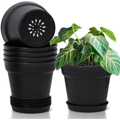 T4U 19cm Kunststoff Blumentöpfe mit Untersetzer 6er-Set Schwarz