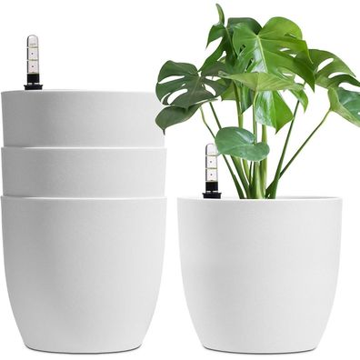 T4U 4er-Set 22cm Selbstwässernder Blumentopf Weiß mit Wasseranzeiger