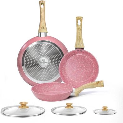 Antihaft Bratpfannenset Rosa 20 + 24 + 28cm mit Deckel Induktion Granit-PFOA-frei