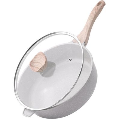 Keramik Bratpfanne 28cm Induktion Antihaft Tiefe Pfanne Holzgriff Deckel