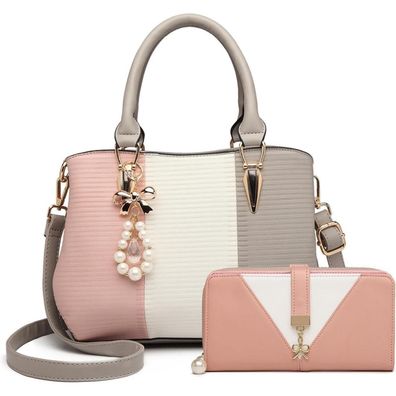Miss Lulu Damen Handtasche Henkeltasche Perle Crystal Style Grau-Set