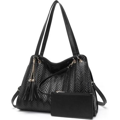 Damen Handtasche Leder Hobo Schultertasche Groß Quasten Flechtmuster