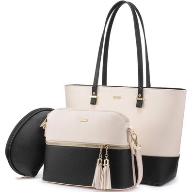Schwarze Schultertasche Leder Damen Tasche Set groß 3-teilig