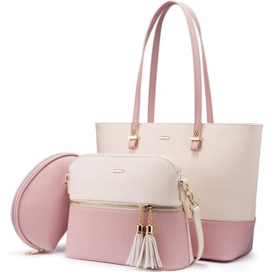 Damen Handtasche Shopper Schultertasche Leder Set groß 3-teilig