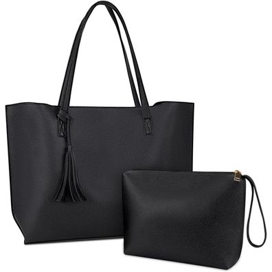 NUBILY Damen Handtaschen Shopper Schwarz PU Leder 2PCS Set Henkeltasche
