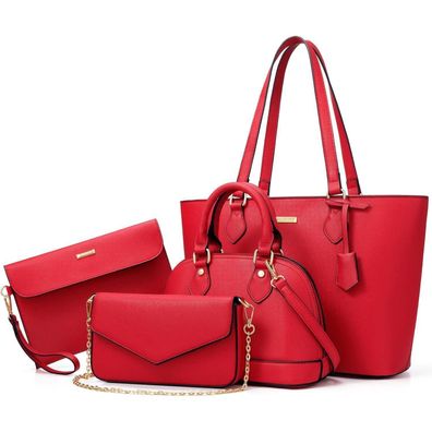 Damen Handtaschen Set 4-teilig Schultertasche Tragetasche Rot