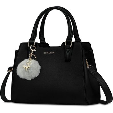 Igolumon Handtasche Damen Mittelgroß Leder Schultertasche Schwarz