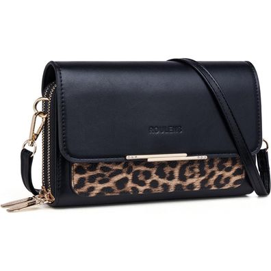 Kleine Damen Crossbody Handytasche PU Leder Umhängetasche Leo Schwarz