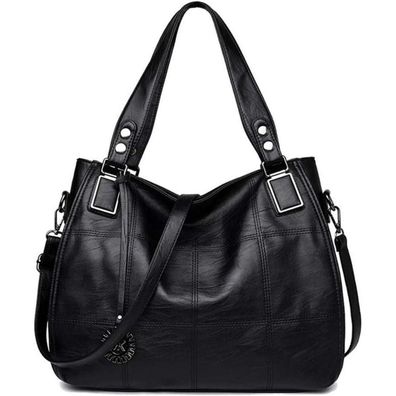 Damen Hobo Schultertasche Shopper PU-Leder Schwarz Stickerei Umhängetasche
