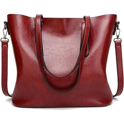 Coolives Damen Tote Schultertasche PU-Leder weinrot 2 Hauptfächer
