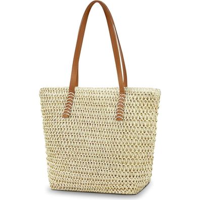 Strohtasche Damen Sommer Handtasche Ledergriffe Reißverschluss