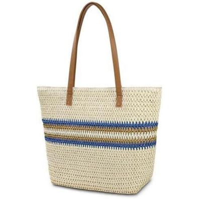 Strohtasche Damen Strandtasche Stroh Handtasche Ledergriffe Reißverschluss