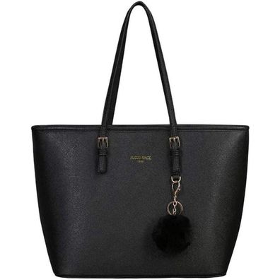 Damen Handtasche Schwarz Shopper Leder Tasche Groß Kaninchen Pelz Plüsch