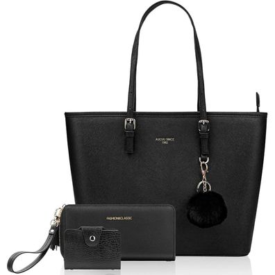Damen Handtasche Schwarz Groß Leder Shopper Kaninchen Pelz Kugel Plüsch