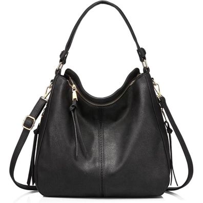 Damen Handtasche Schwarz Lederimitat Umhängetasche Hobo Quasten 35x28x13cm