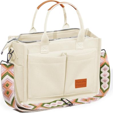 Canvas Tote Bag Damen groß Arbeitstasche Umhängetasche mit Fächern Uni