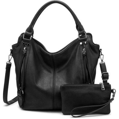 Damen Handtaschen Set Mittel Shopper Schwarz 2pcs Leder Umhängetasche Hobo