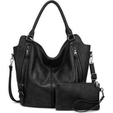 Realer Damen Handtaschen Set Shopper Schultertasche Umhängetasche Schwarz