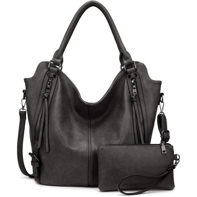 Realer Damen Handtaschen Shopper Set Leder Schultertasche 2tlg Dunkelgrau
