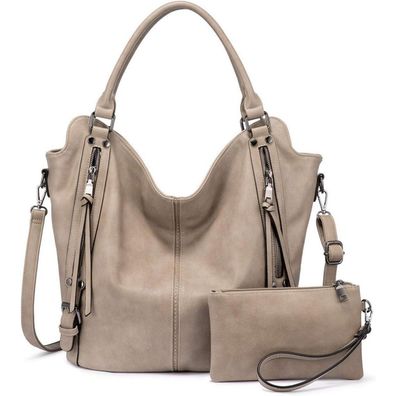 Realer Damen Handtaschen Set 2pcs Khaki Shopper Leder Umhängetasche