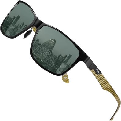 Sonnenbrille Herren Schwarz Rahmen Gold Tempel Dark Grün Linse