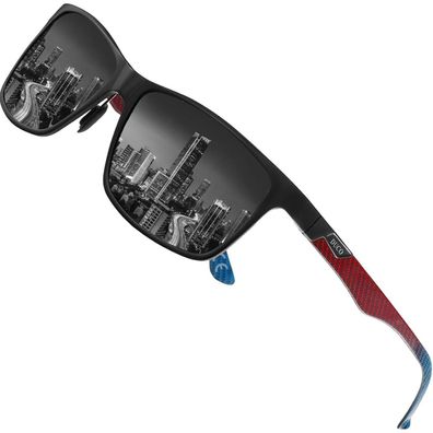 Sonnenbrille Herren Schwarz Rahmen Rot Blau Tempel Grau Linse