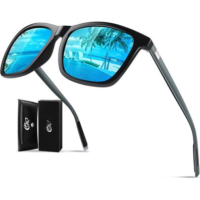 Sonnenbrille Herren Schwarz Rahmen Blau Verspiegelte Linse Polarisiert