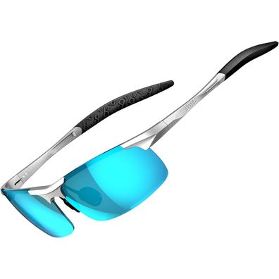 Sonnenbrille Herren Polarisiert Silberrahmen Blaue Linse Verspiegelt