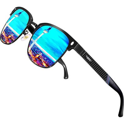 Sonnenbrille Herren Schwarzer Rahmen+blaue Linse Verspiegelt