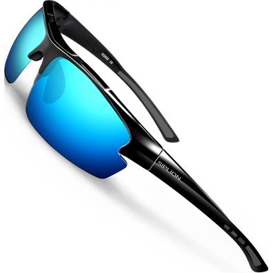 Sonnenbrille Herren UV400 Schutz Schwarz Rahmen Blau Verspiegelt