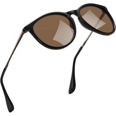 Sonnenbrille Polarisierte UV400 Rund Damen Schwarzgerahmte Teescheiben