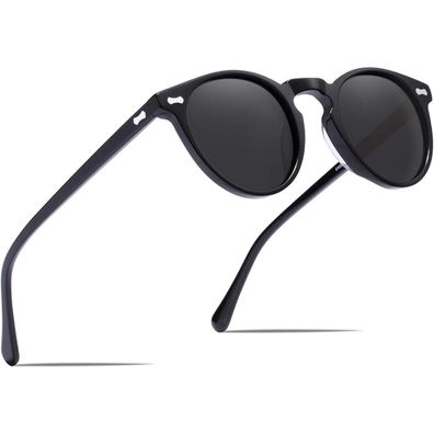 Sonnenbrille rund Damen polarisierte UV A Rahmen Schwarz Linsen Grau