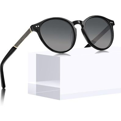 Sonnenbrille Damen Vintage Rund Rahmen schwarz Linsen grau